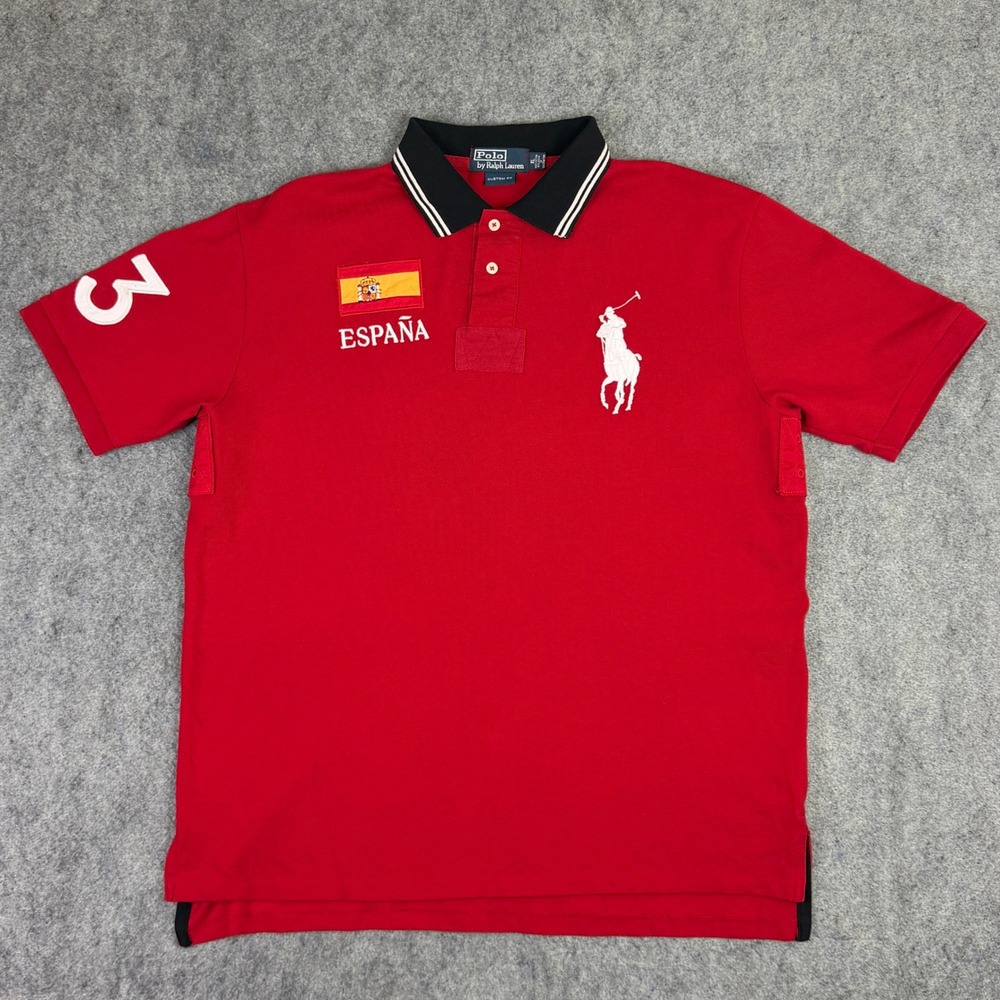 Polo Ralph Lauren Spain España Big Pony Polo Shirt Red XL Custom Fit 43 Patch
